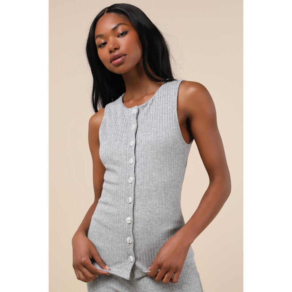 Lulus Raney Heather Grey Ribbed Knit Button-up Tank Top - Size L